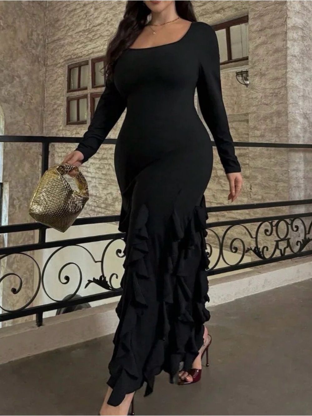 Black Elegant Women's Plus Size Sexy Design Scoop Neck Maxi A-Line Dress